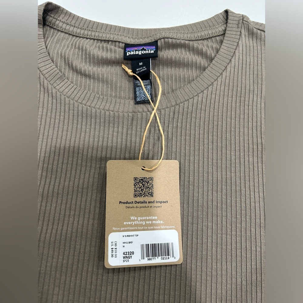 Patagonia Women's Medium Rib Knit Top Wing Grey NWT Slim Fit Cap Sleeves Stretch - Picture 4 of 6